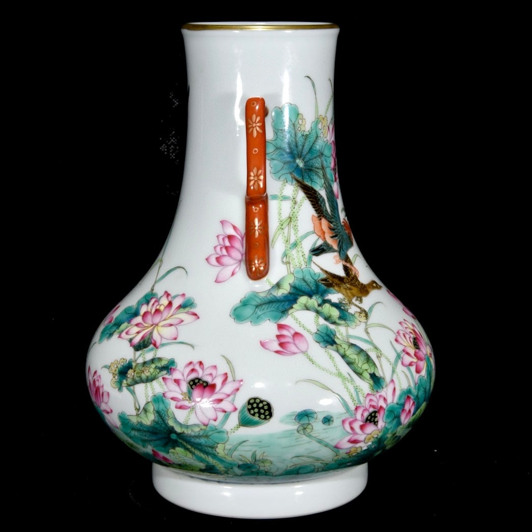 Chinese Gilt Edge Famille Rose Lotus Leaf & Lotus Flower Design Porcelain Vase - 2