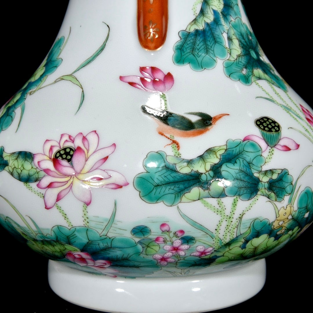 Chinese Gilt Edge Famille Rose Lotus Leaf & Lotus Flower Design Porcelain Vase - 6