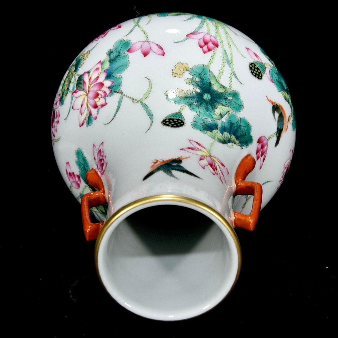 Chinese Gilt Edge Famille Rose Lotus Leaf & Lotus Flower Design Porcelain Vase - 8