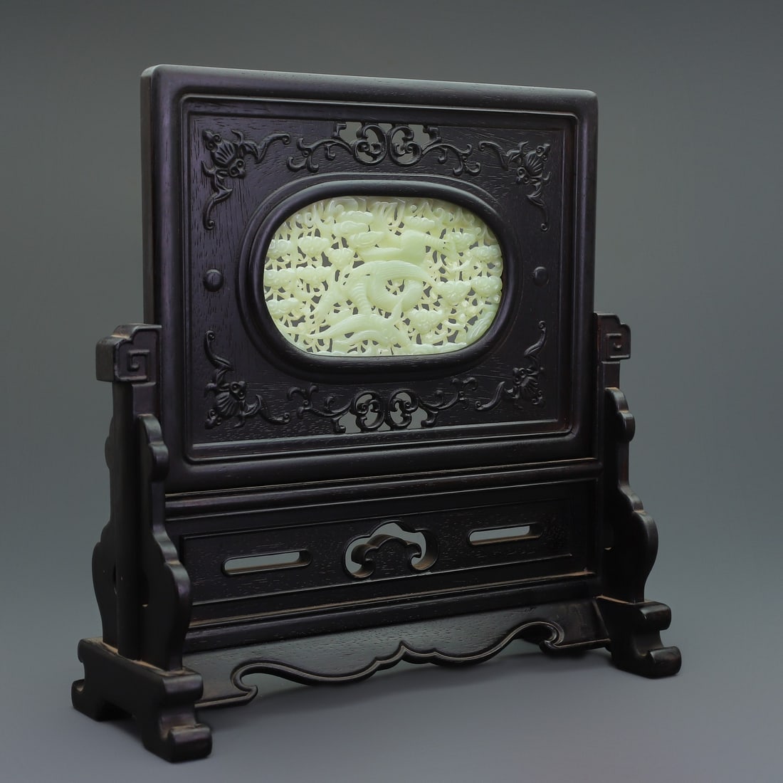 Vintage Chinese Zitan Wood Inlay Hetian Jade Screen - 3