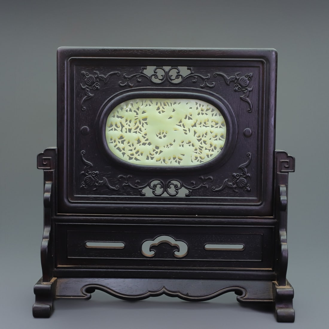 Vintage Chinese Zitan Wood Inlay Hetian Jade Screen - 4