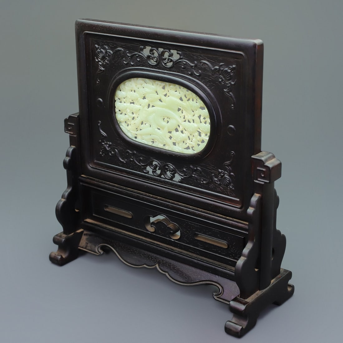 Vintage Chinese Zitan Wood Inlay Hetian Jade Screen - 7