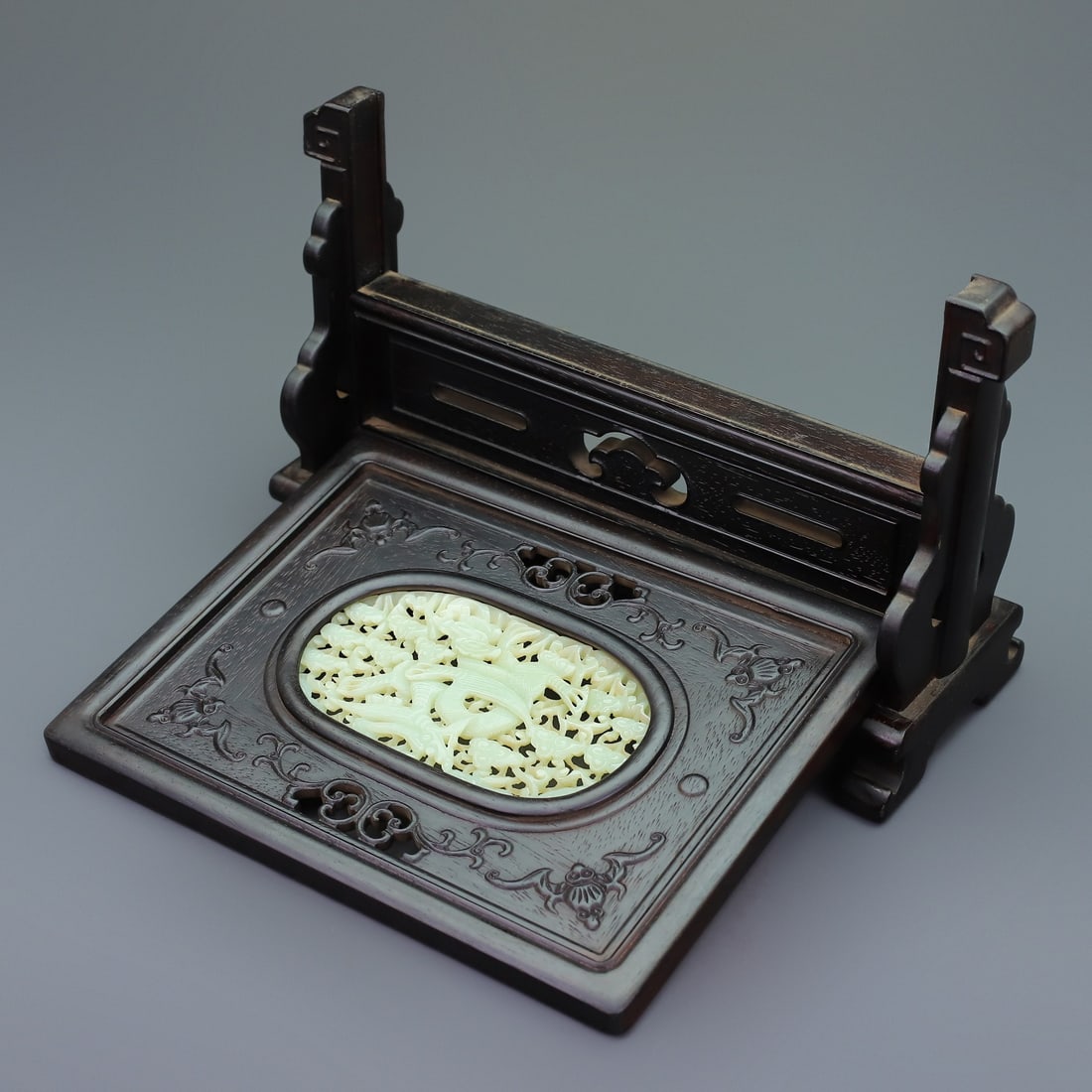 Vintage Chinese Zitan Wood Inlay Hetian Jade Screen - 8