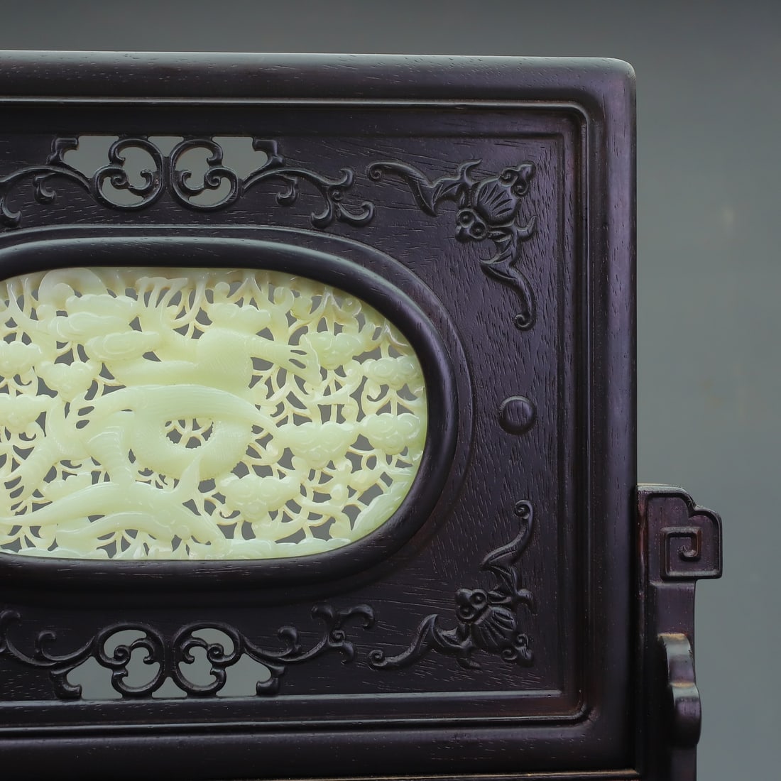 Vintage Chinese Zitan Wood Inlay Hetian Jade Screen - 9