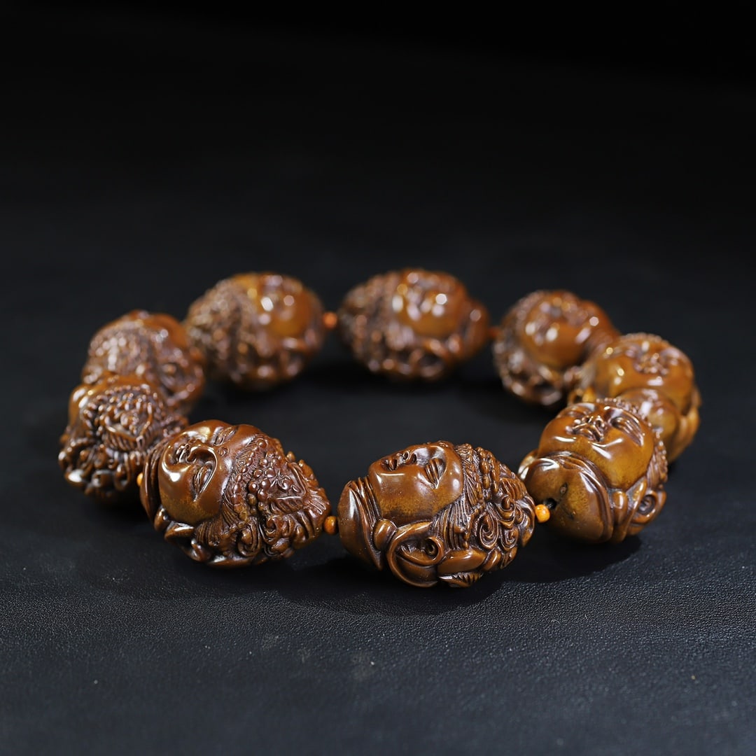 Vintage Olive Nut Carved Kwan-yin Head Beads Bracelet - 2