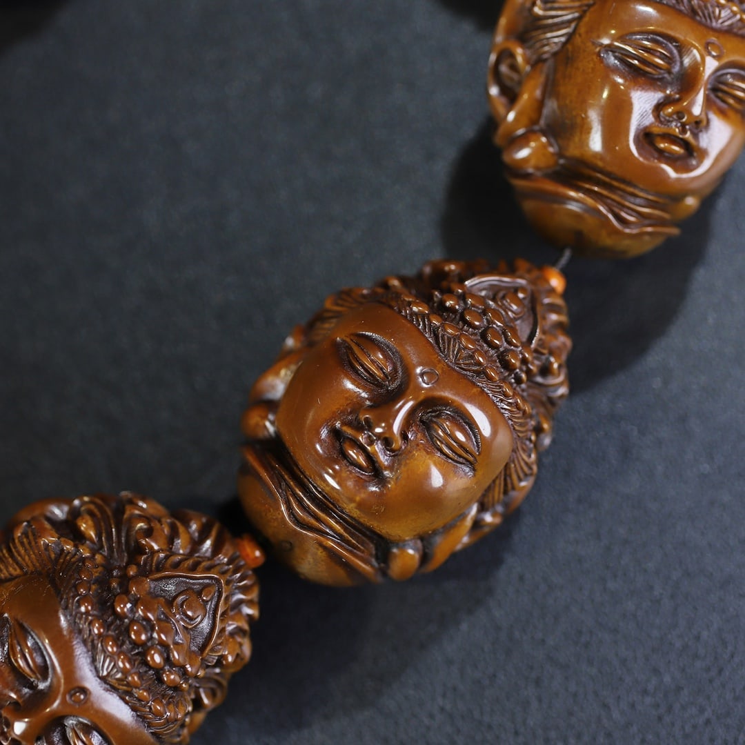 Vintage Olive Nut Carved Kwan-yin Head Beads Bracelet - 4