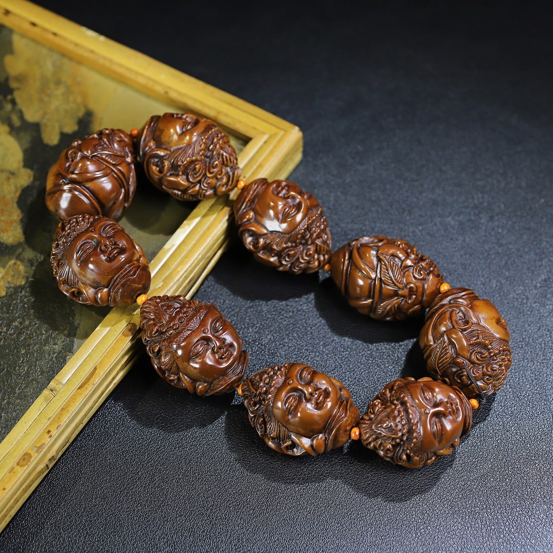 Vintage Olive Nut Carved Kwan-yin Head Beads Bracelet - 5
