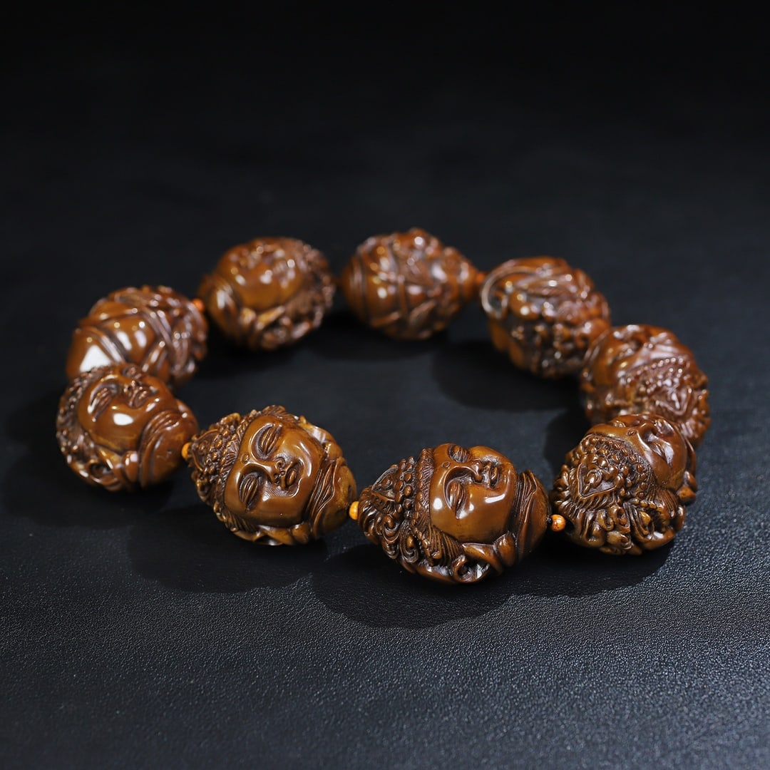 Vintage Olive Nut Carved Kwan-yin Head Beads Bracelet - 9