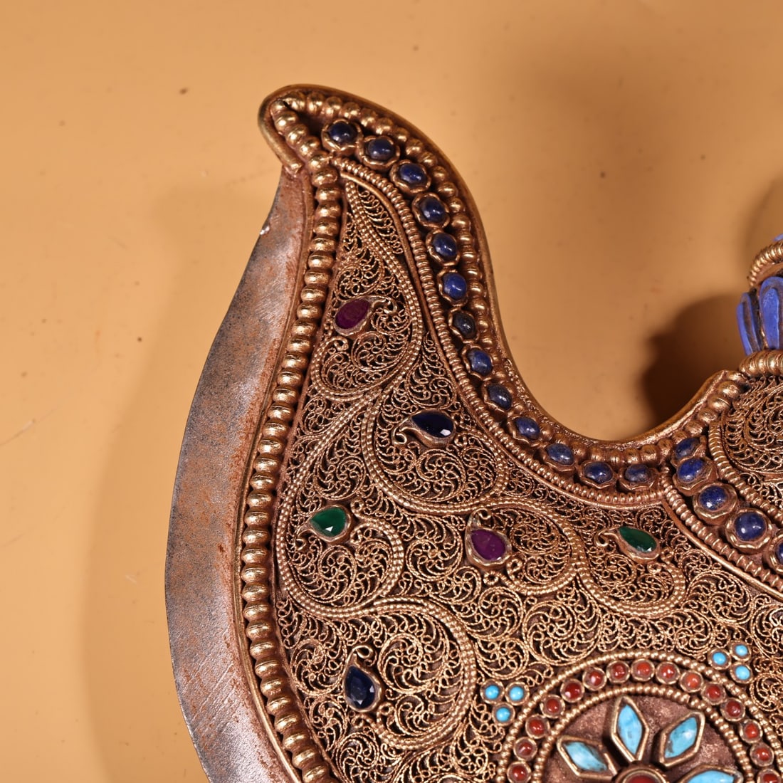 Tibetan Buddhism Gold Wire Crystal Inlay Turquoise & Lapis Lazuli Dharma-vessel - 11