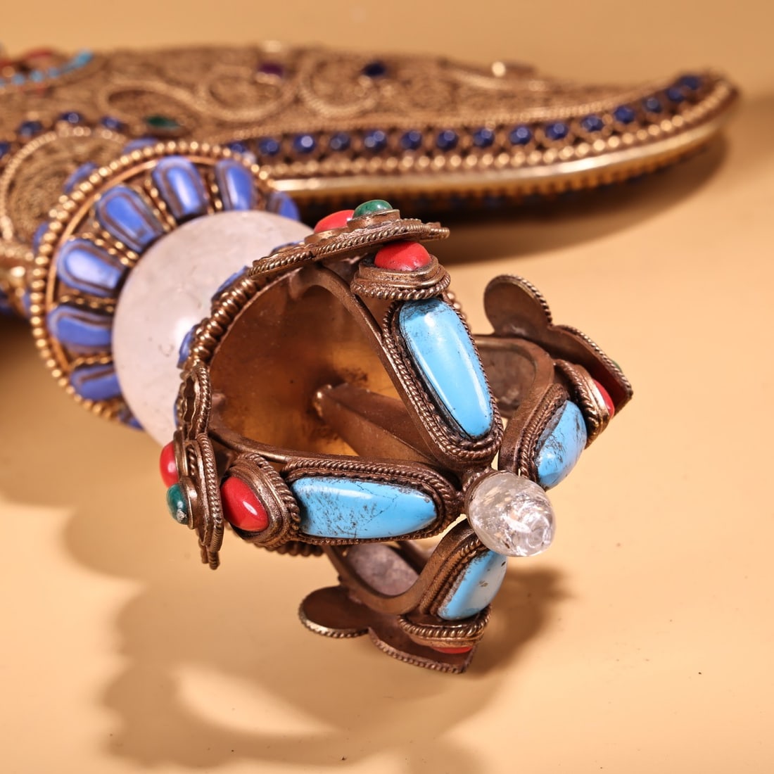 Tibetan Buddhism Gold Wire Crystal Inlay Turquoise & Lapis Lazuli Dharma-vessel - 12