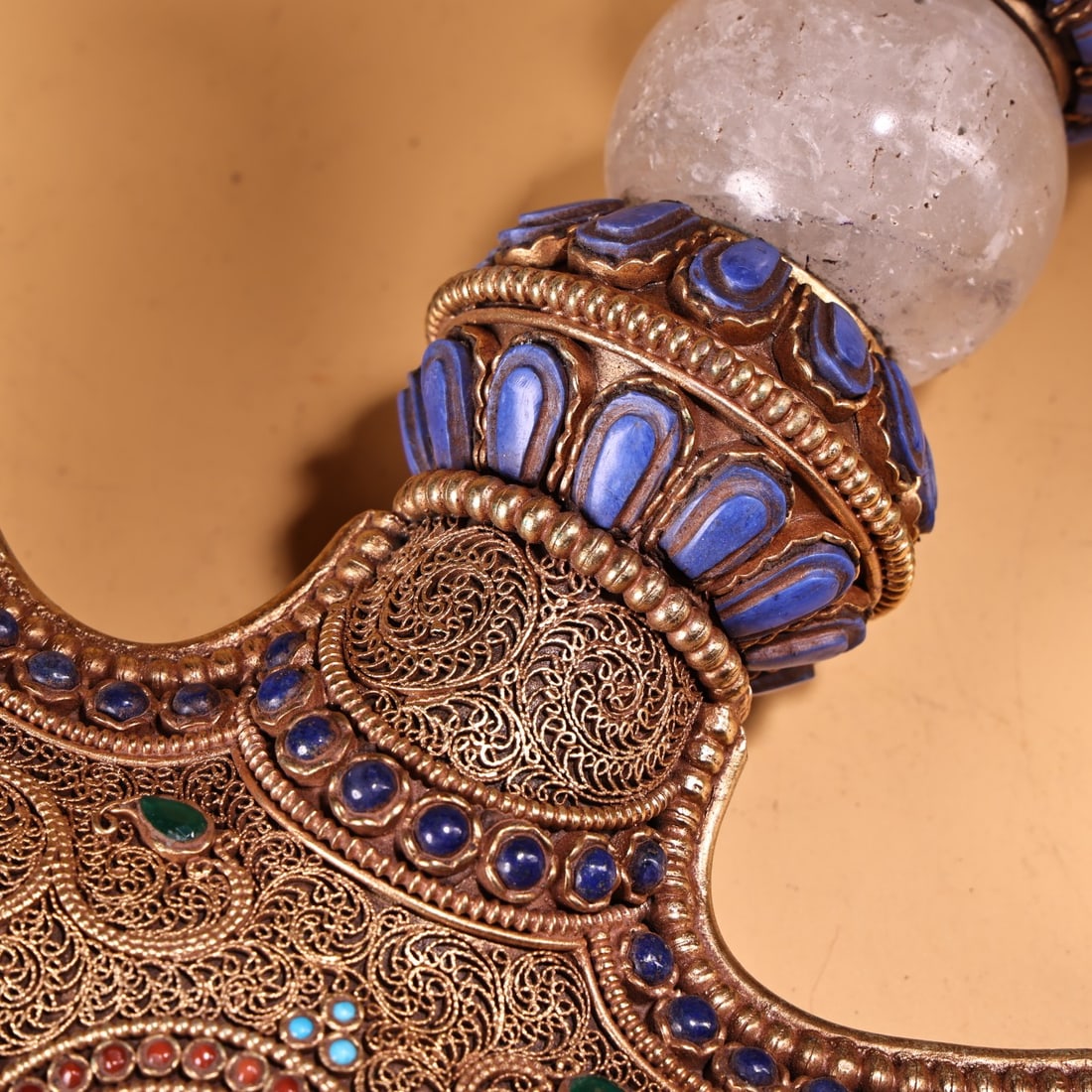 Tibetan Buddhism Gold Wire Crystal Inlay Turquoise & Lapis Lazuli Dharma-vessel - 13