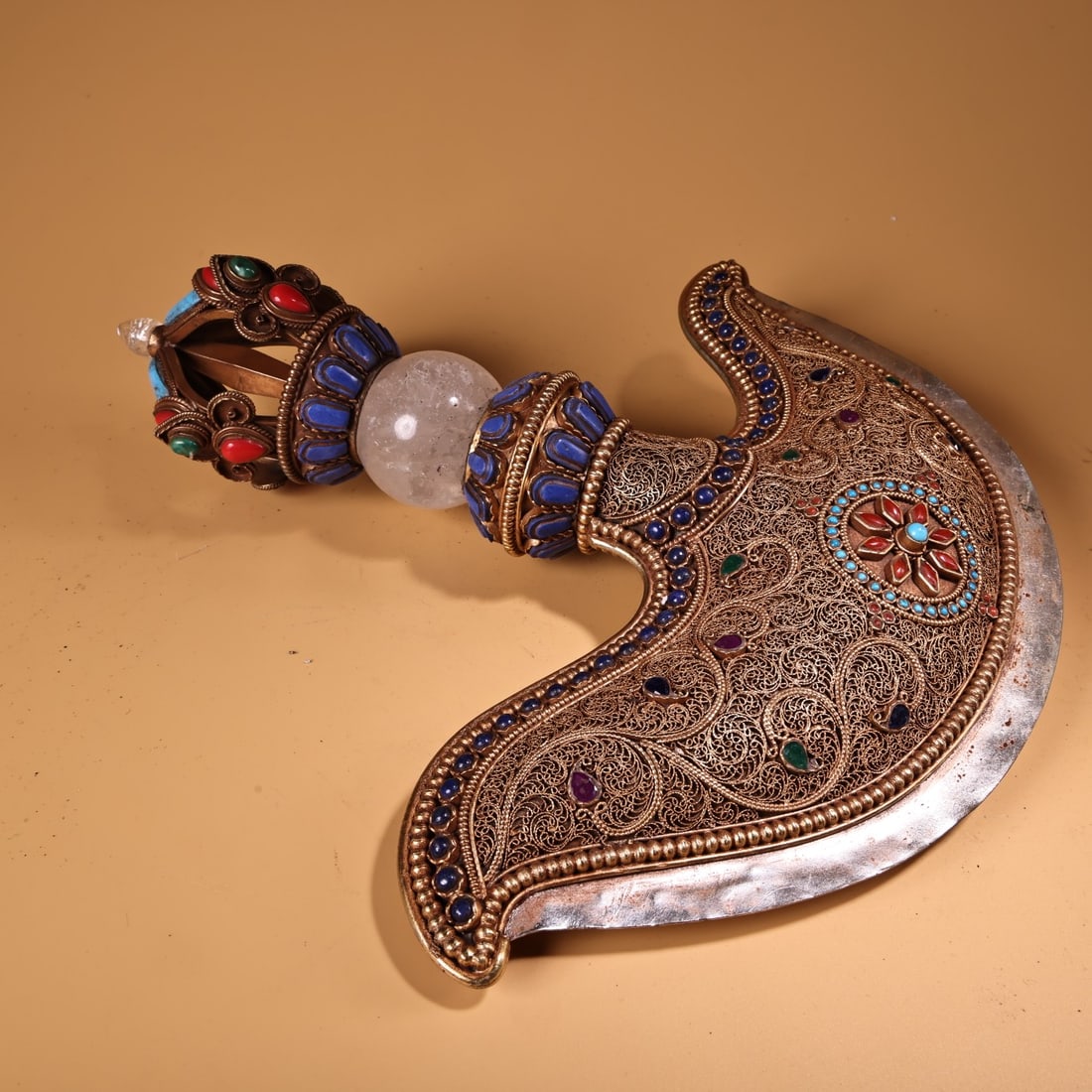 Tibetan Buddhism Gold Wire Crystal Inlay Turquoise & Lapis Lazuli Dharma-vessel - 2