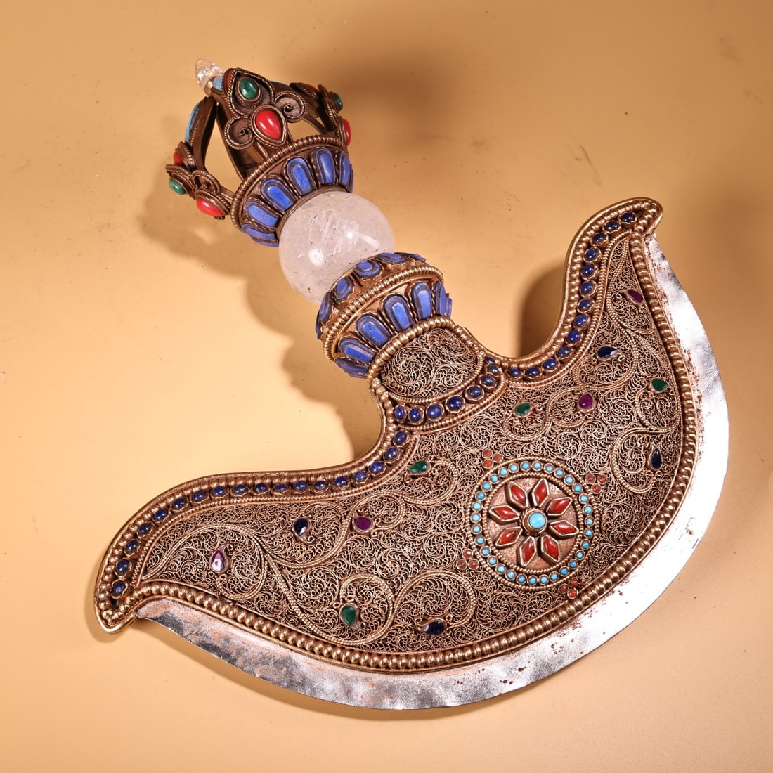 Tibetan Buddhism Gold Wire Crystal Inlay Turquoise & Lapis Lazuli Dharma-vessel - 3