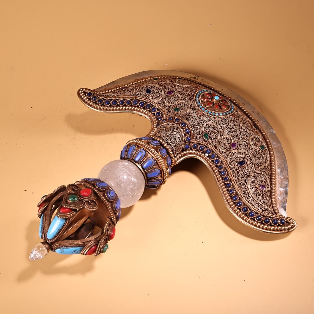 Tibetan Buddhism Gold Wire Crystal Inlay Turquoise & Lapis Lazuli Dharma-vessel - 4