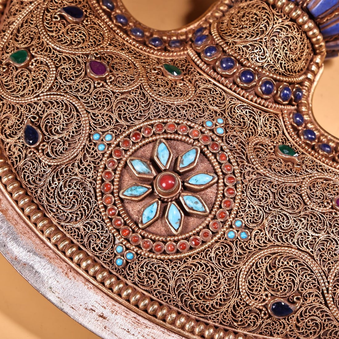 Tibetan Buddhism Gold Wire Crystal Inlay Turquoise & Lapis Lazuli Dharma-vessel - 6