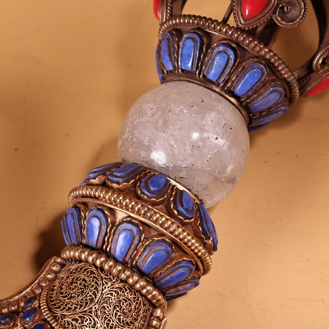 Tibetan Buddhism Gold Wire Crystal Inlay Turquoise & Lapis Lazuli Dharma-vessel - 8