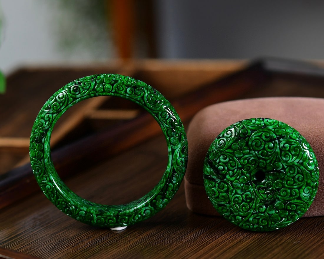 Inside Diameter 56.8mm Exquisite Green Jadeite Bracelet w Hand Carved Green Jadeite Pendant (1 of 8)