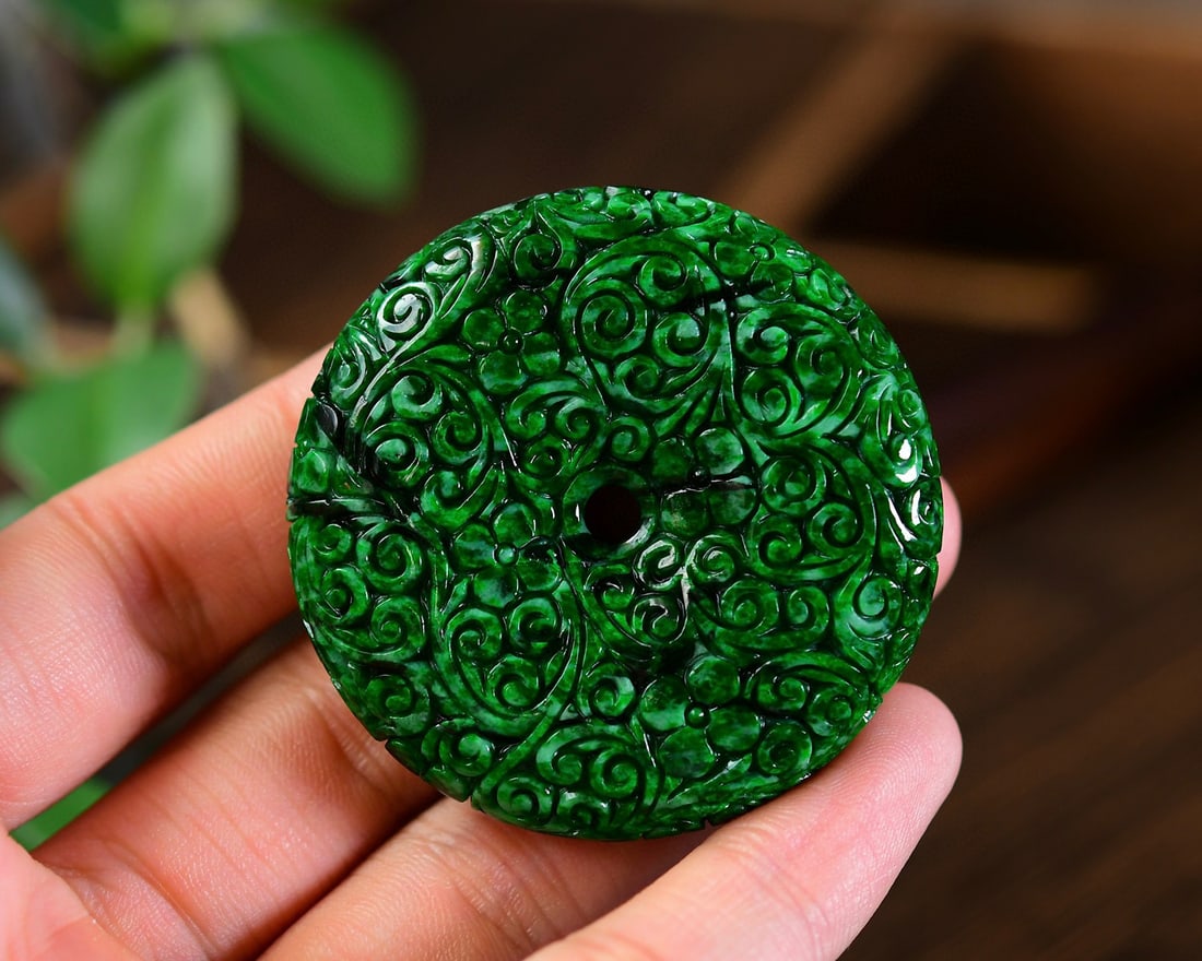Inside Diameter 56.8mm Exquisite Green Jadeite Bracelet w Hand Carved Green Jadeite Pendant - 6