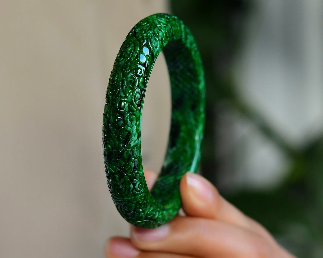 Inside Diameter 56.8mm Exquisite Green Jadeite Bracelet w Hand Carved Green Jadeite Pendant - 8