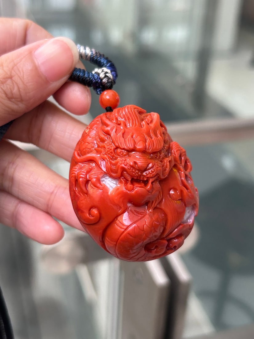 Chinese Nanhong Agate Carved Fortune Dragon Pendant - 2