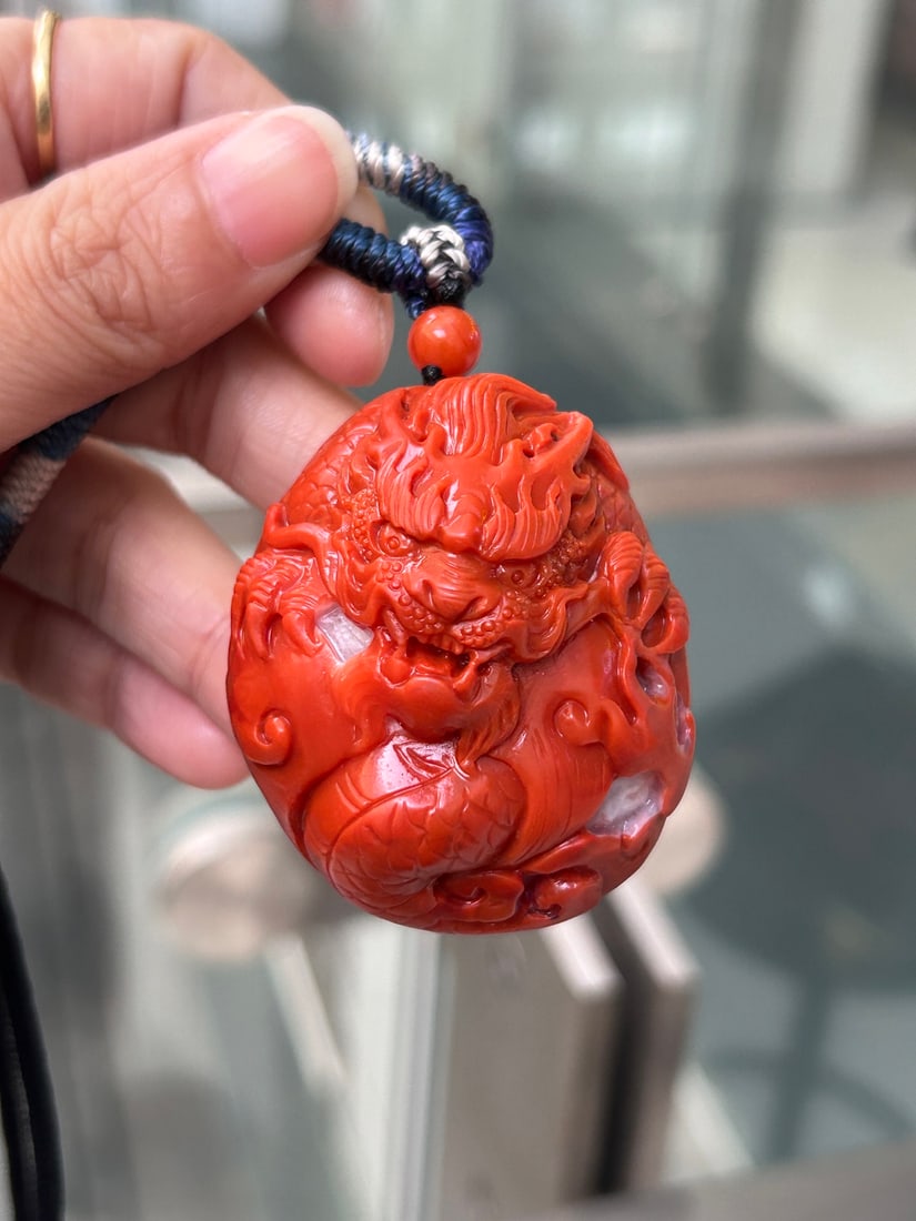 Chinese Nanhong Agate Carved Fortune Dragon Pendant - 3