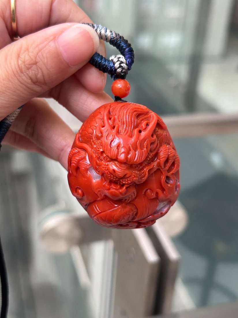 Chinese Nanhong Agate Carved Fortune Dragon Pendant - 4