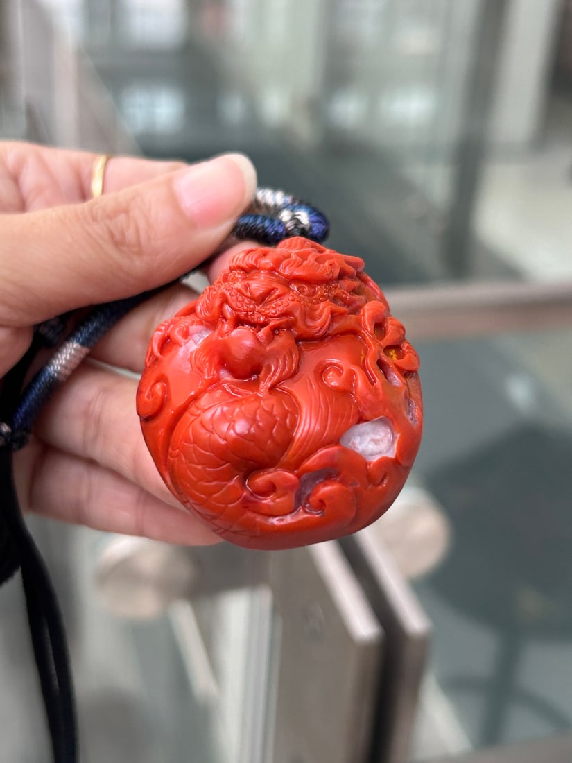 Chinese Nanhong Agate Carved Fortune Dragon Pendant - 6