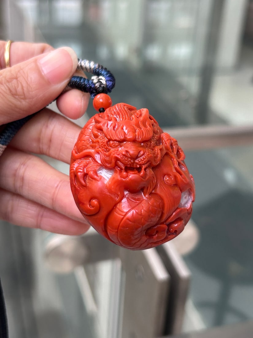 Chinese Nanhong Agate Carved Fortune Dragon Pendant - 7