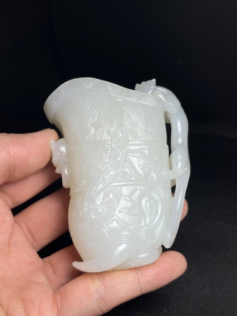 Superb Chinese Hetian Jade High Relief Chi Dragon Wine Cup (1 of 9)