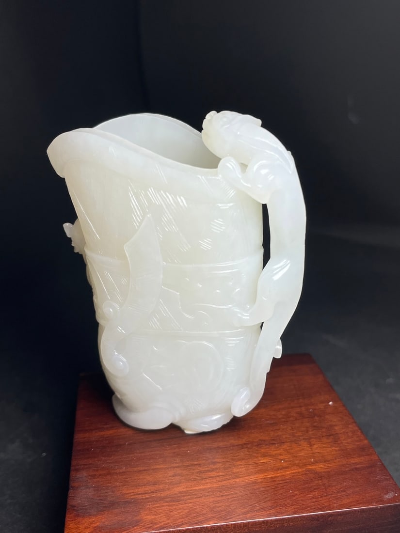 Superb Chinese Hetian Jade High Relief Chi Dragon Wine Cup - 5