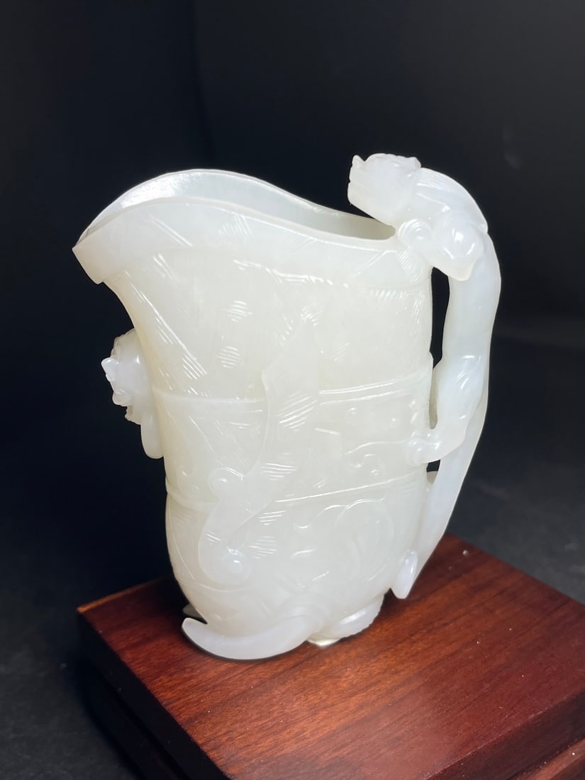 Superb Chinese Hetian Jade High Relief Chi Dragon Wine Cup - 6