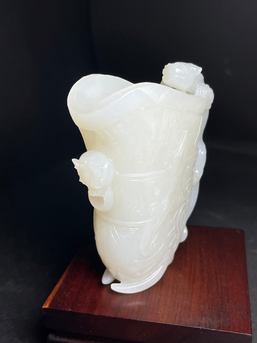 Superb Chinese Hetian Jade High Relief Chi Dragon Wine Cup - 7