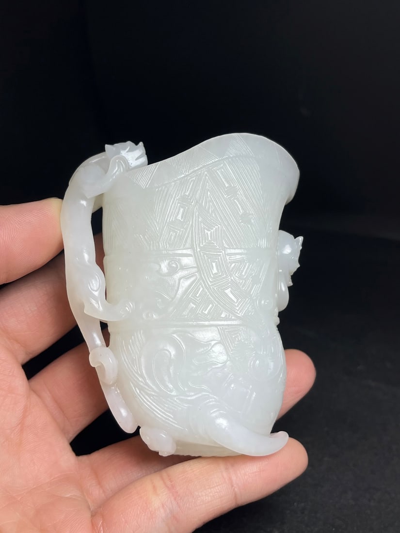 Superb Chinese Hetian Jade High Relief Chi Dragon Wine Cup - 9
