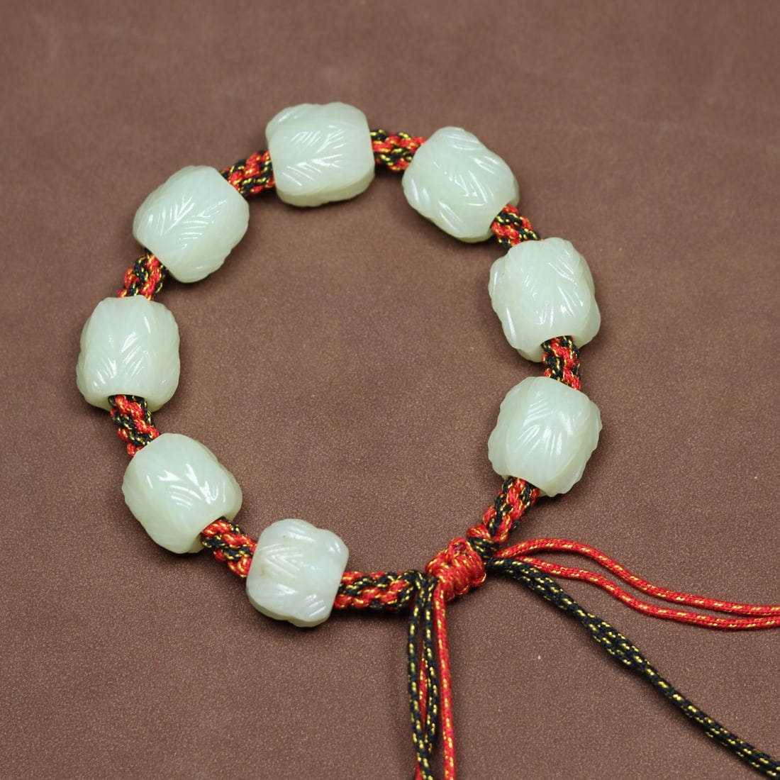 Chinese Hetian Jade Carved Lotus Flower Beads Bracelet - 2