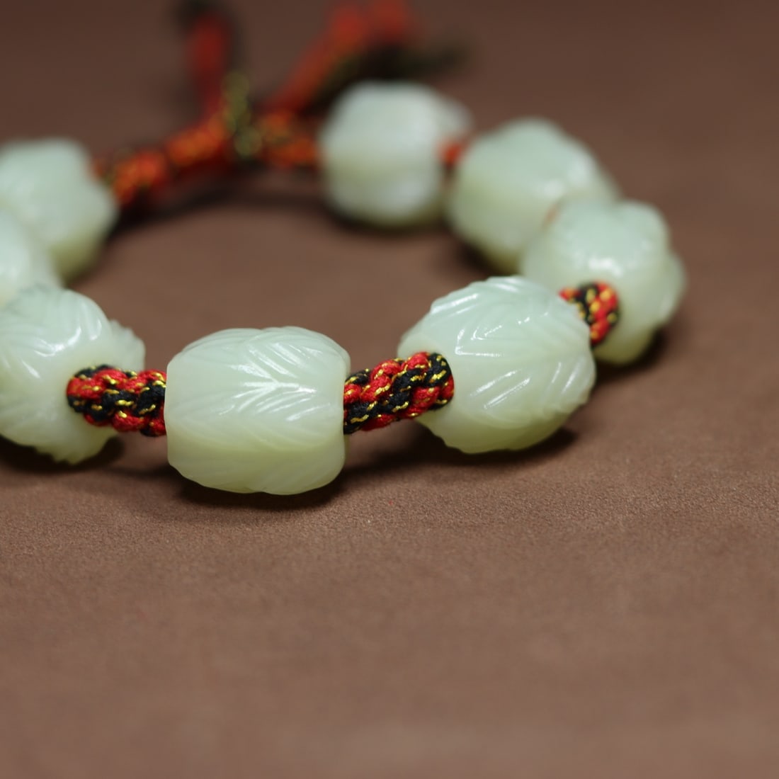Chinese Hetian Jade Carved Lotus Flower Beads Bracelet - 5