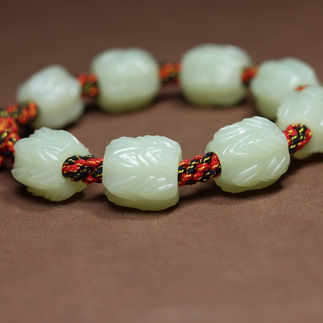 Chinese Hetian Jade Carved Lotus Flower Beads Bracelet - 6