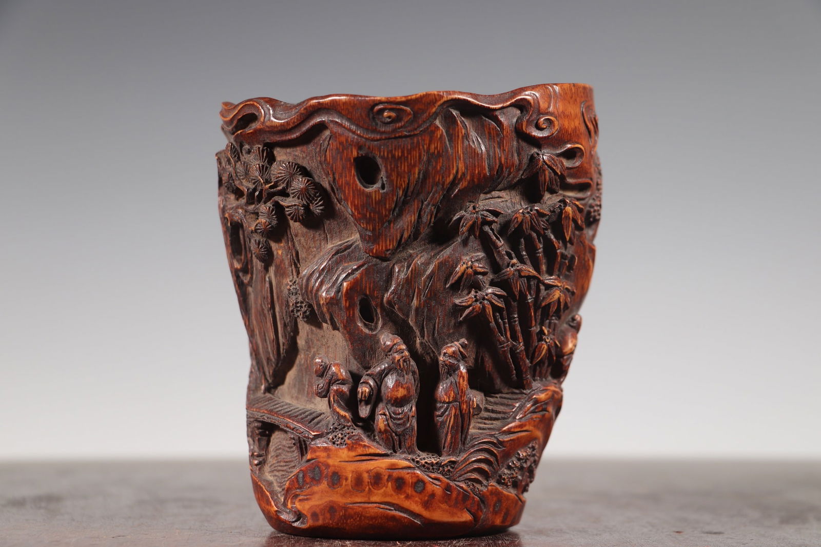 Vintage Chinese Bamboo Carved Sages Meeting Brush Pot - 2