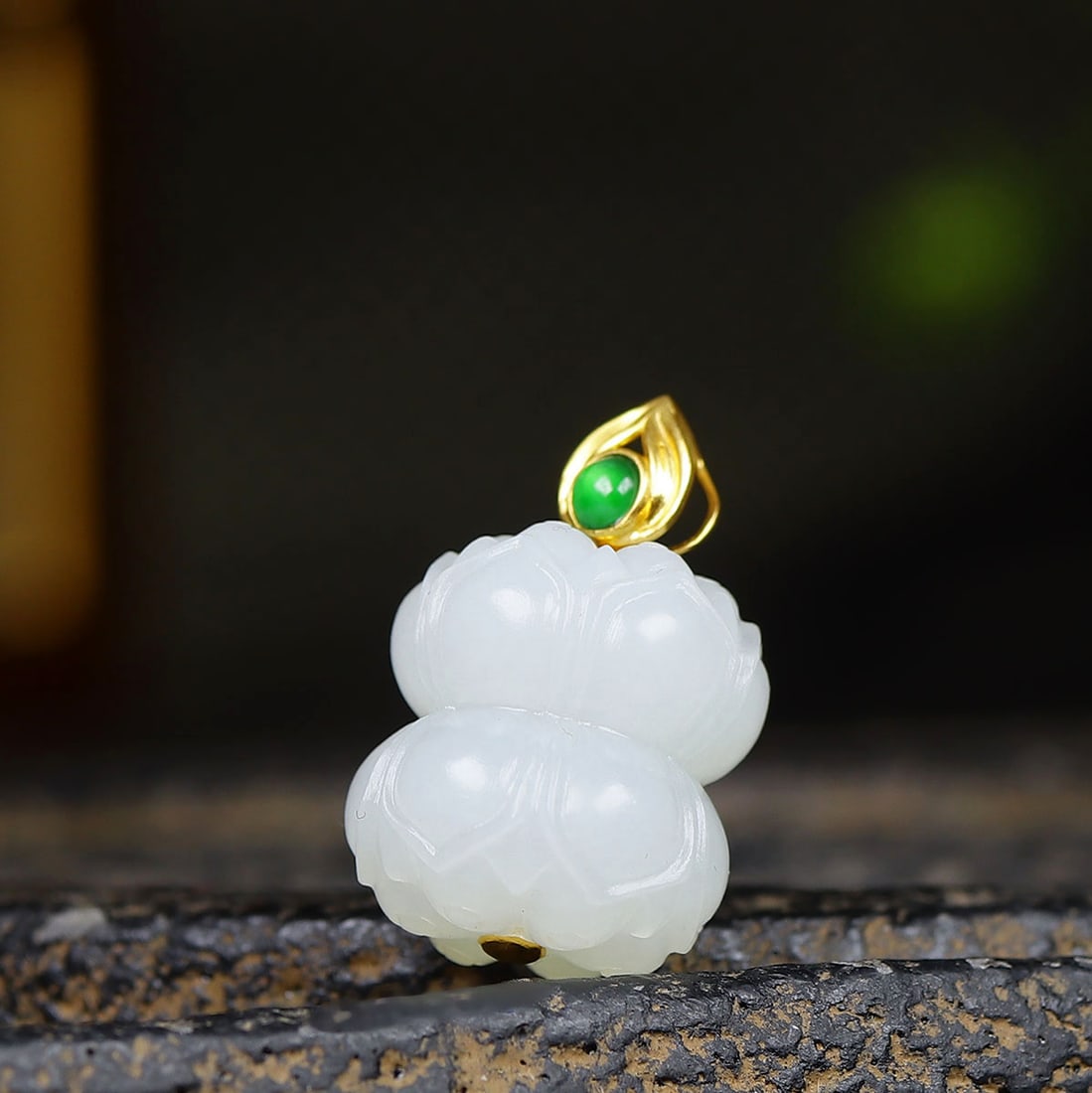 Superb Chinese Hetian Jade Carved Lotus Flower Pendant w 18K Gold Buckle - 2