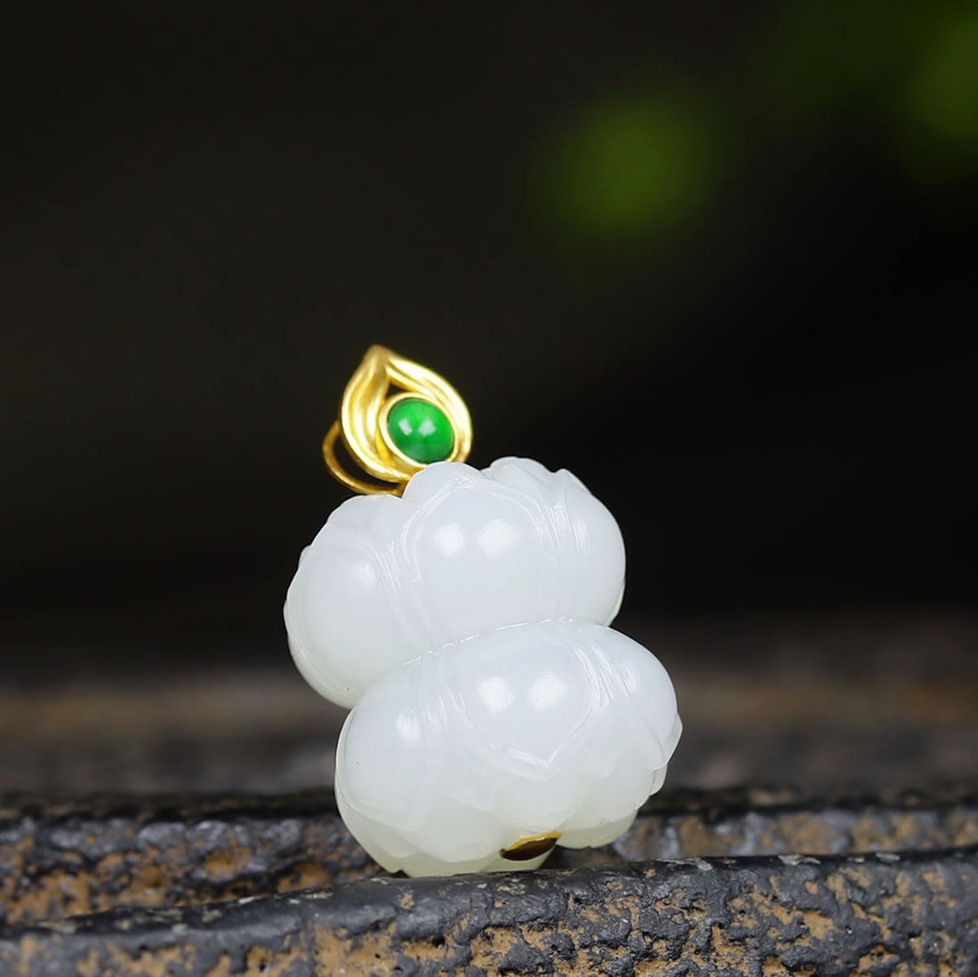 Superb Chinese Hetian Jade Carved Lotus Flower Pendant w 18K Gold Buckle - 3