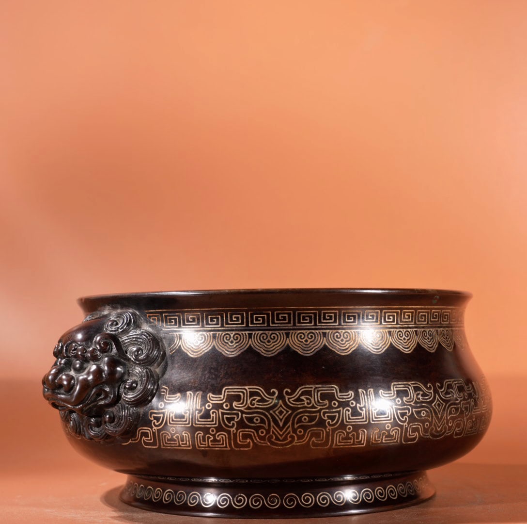 Chinese Copper Inlay Silver Wires Double Ears Fortune Lion Incense Burner - 3