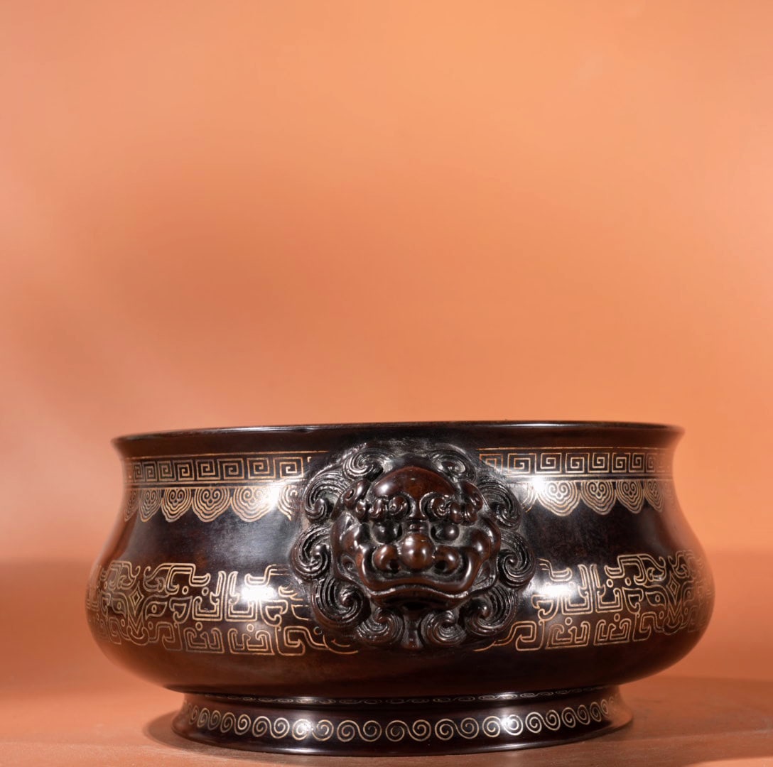 Chinese Copper Inlay Silver Wires Double Ears Fortune Lion Incense Burner - 4