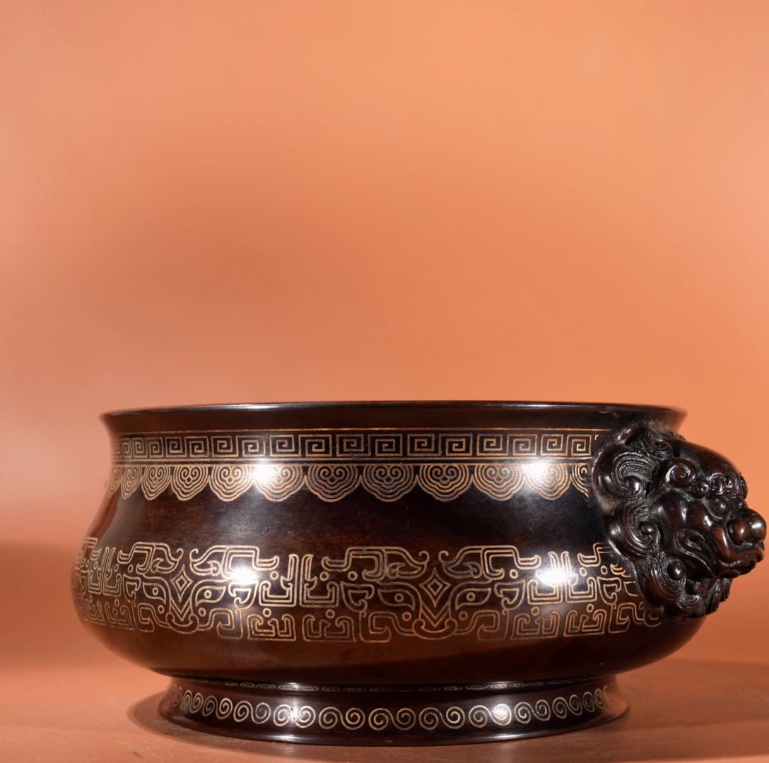 Chinese Copper Inlay Silver Wires Double Ears Fortune Lion Incense Burner - 5