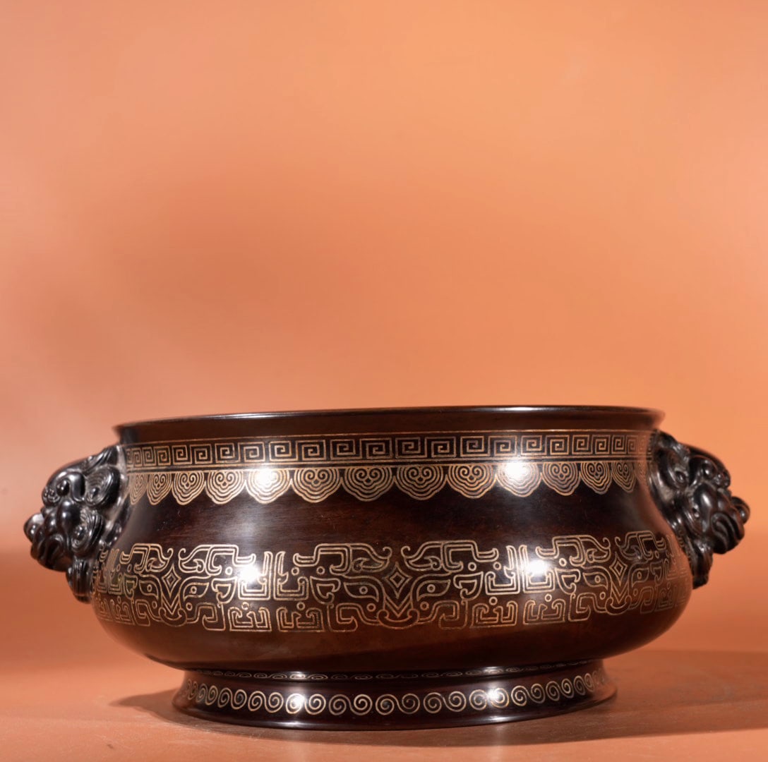 Chinese Copper Inlay Silver Wires Double Ears Fortune Lion Incense Burner - 6