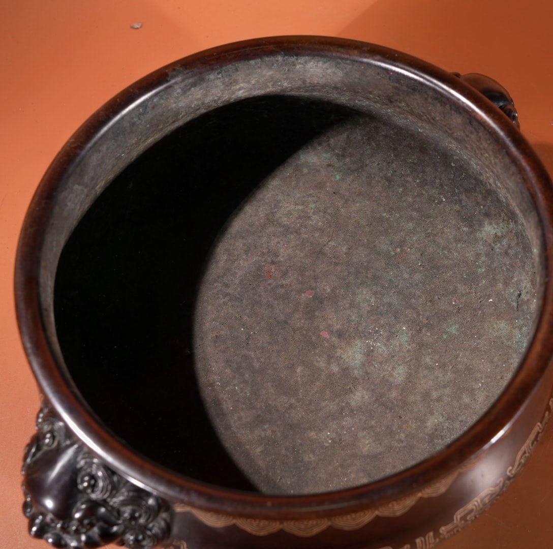 Chinese Copper Inlay Silver Wires Double Ears Fortune Lion Incense Burner - 7