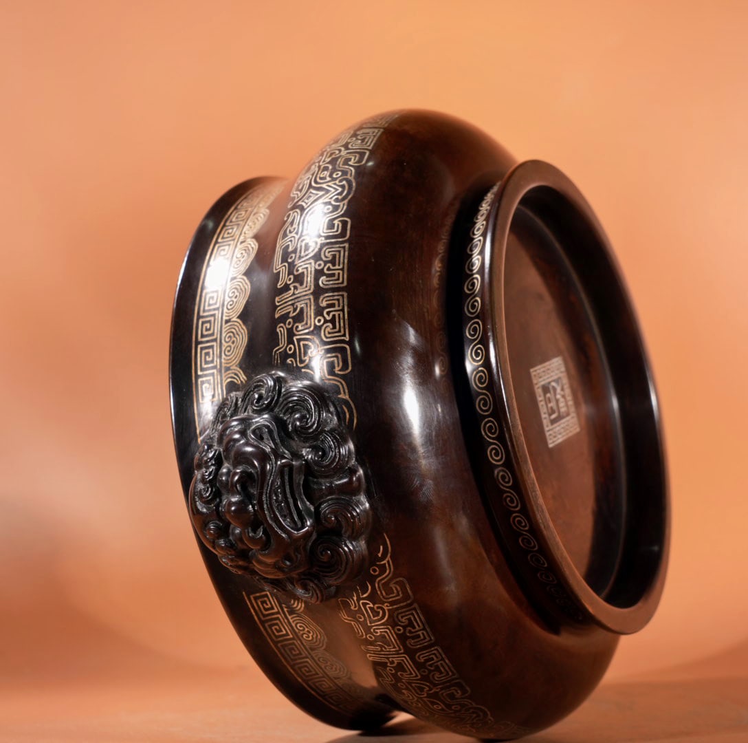 Chinese Copper Inlay Silver Wires Double Ears Fortune Lion Incense Burner - 8