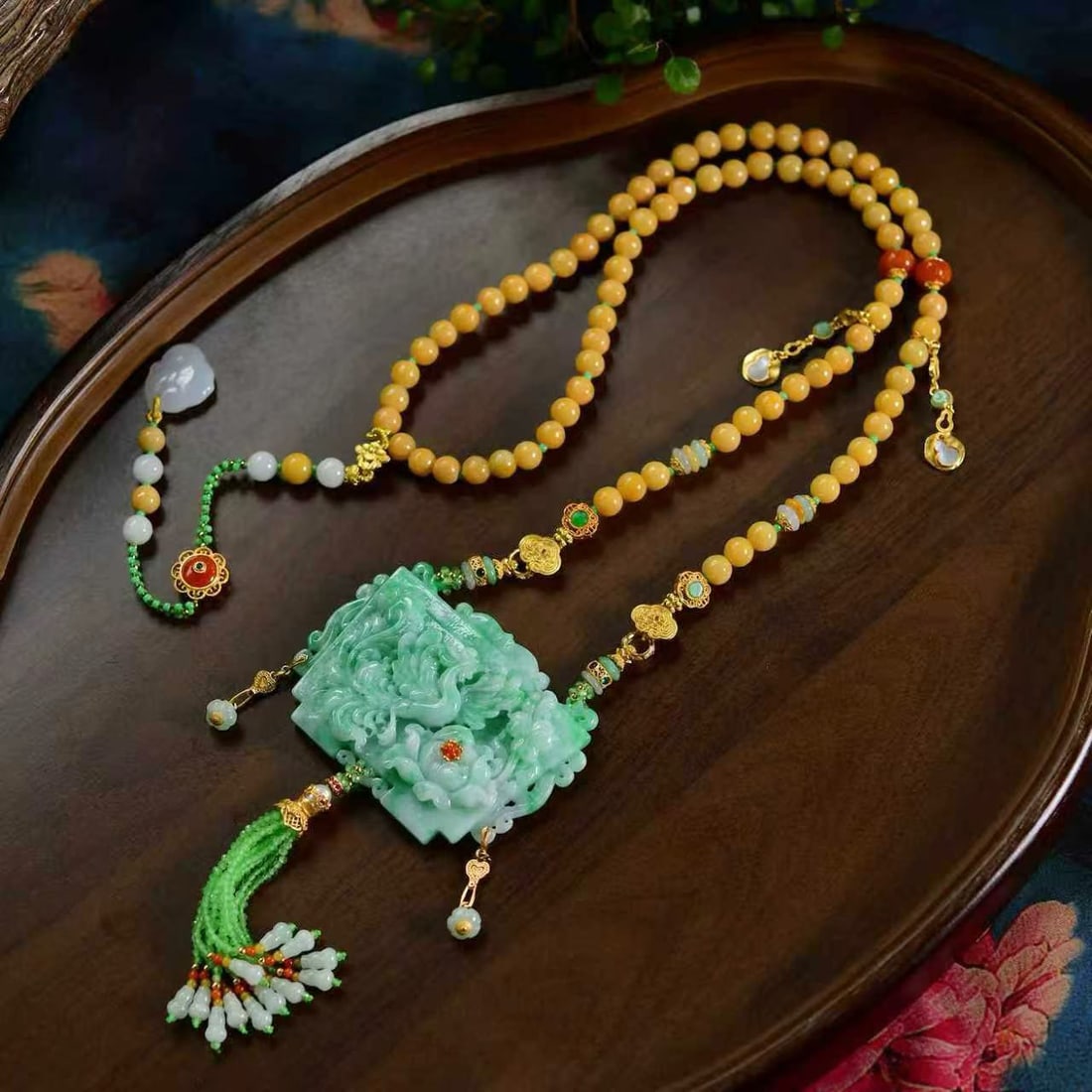 Exquisite Jadeite Carved Phoenix & Peony Pendant (1 of 6)