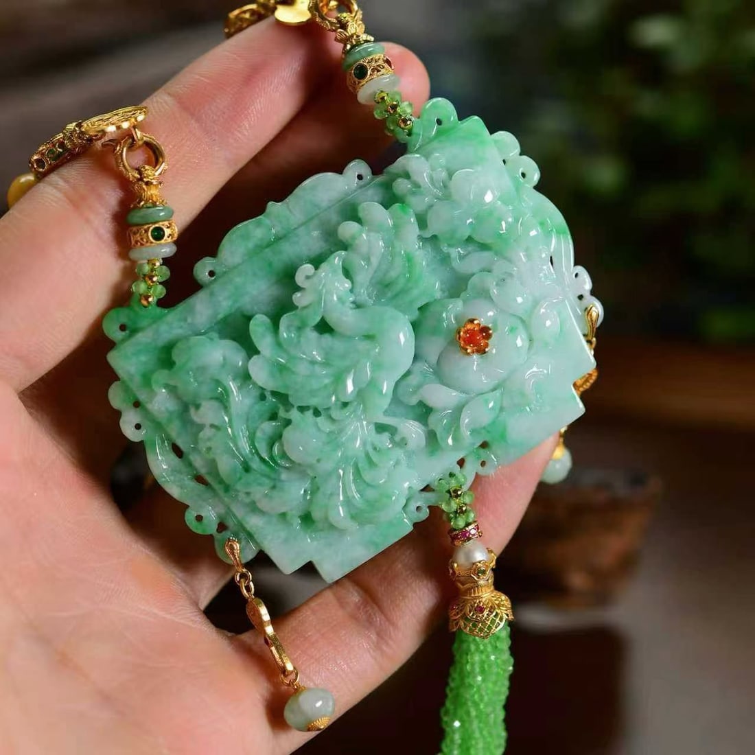 Exquisite Jadeite Carved Phoenix & Peony Pendant - 3