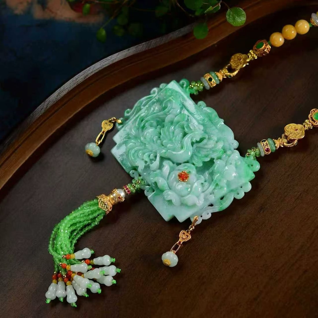Exquisite Jadeite Carved Phoenix & Peony Pendant - 4