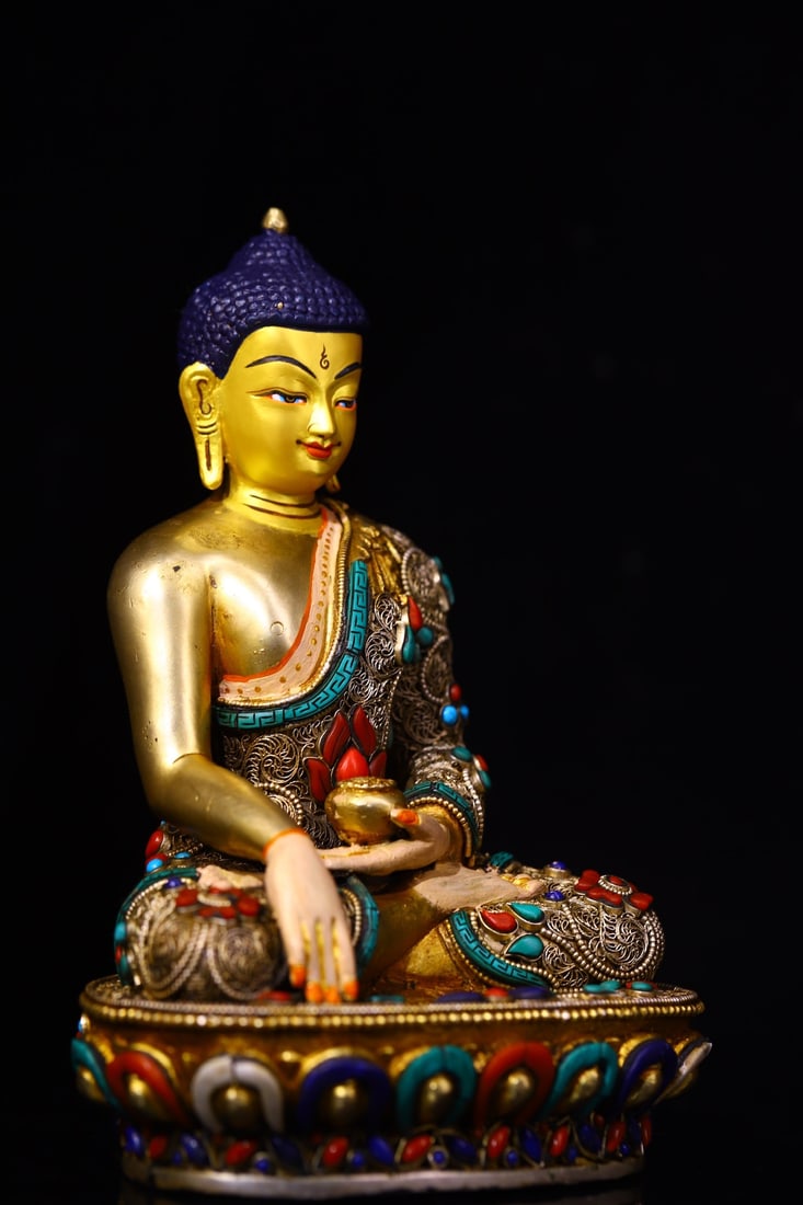 Tibetan Buddhism Gilt Gold Copper Inlay Turquoise & Gems Siddhartha Buddha Statue - 3