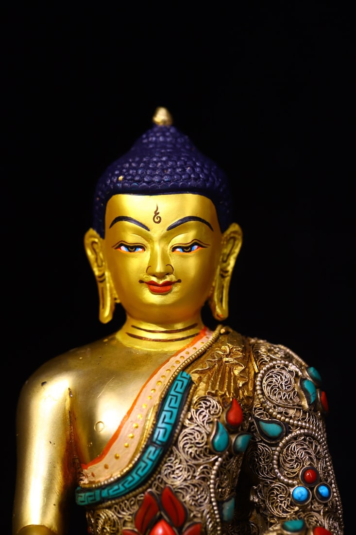 Tibetan Buddhism Gilt Gold Copper Inlay Turquoise & Gems Siddhartha Buddha Statue - 4